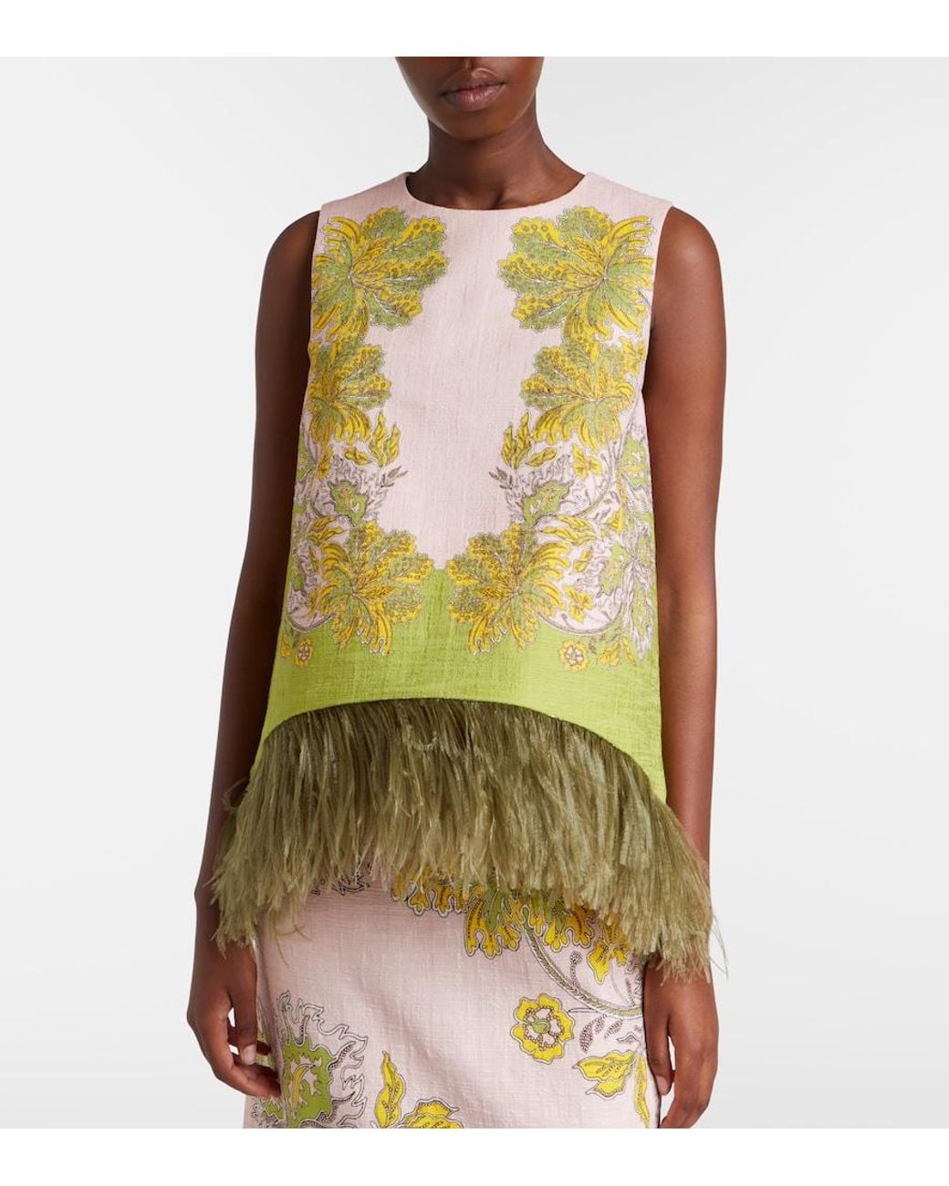 LaDoubleJ Yellow La Scala Feather-Trimmed Cotton Top