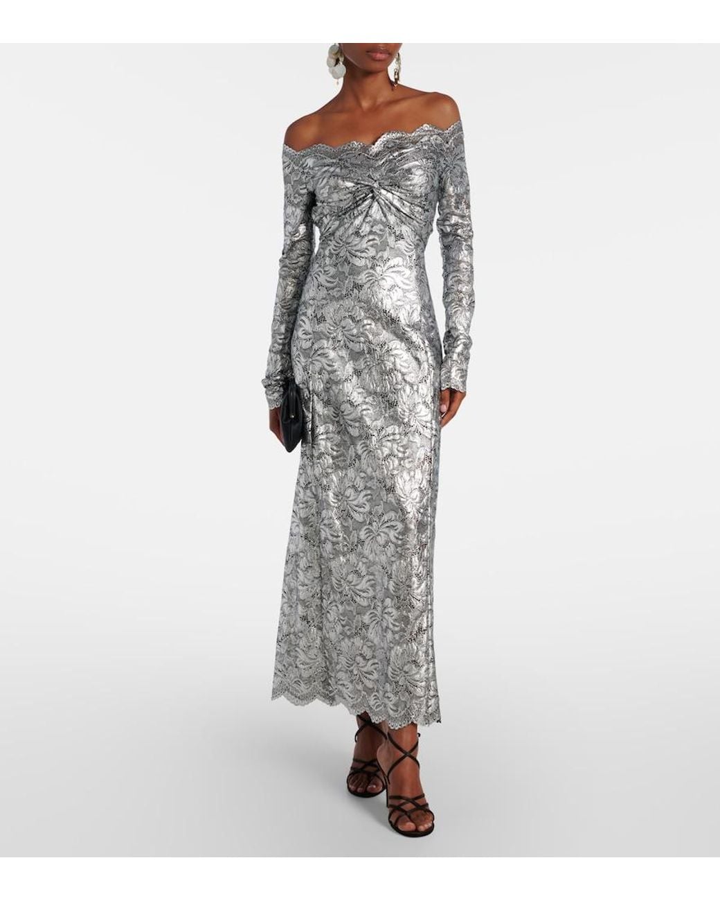 Rabanne Gray Metallic-Effect Lace Maxi Dress