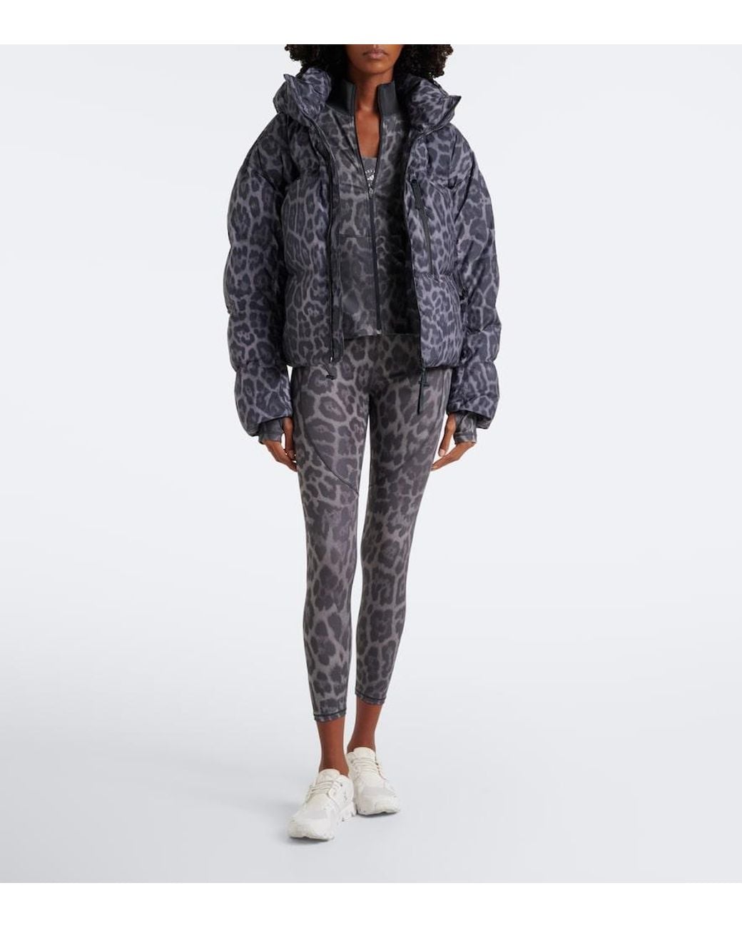 Adidas By Stella McCartney Gray Hooded Leopard-Print Puffer Jacket