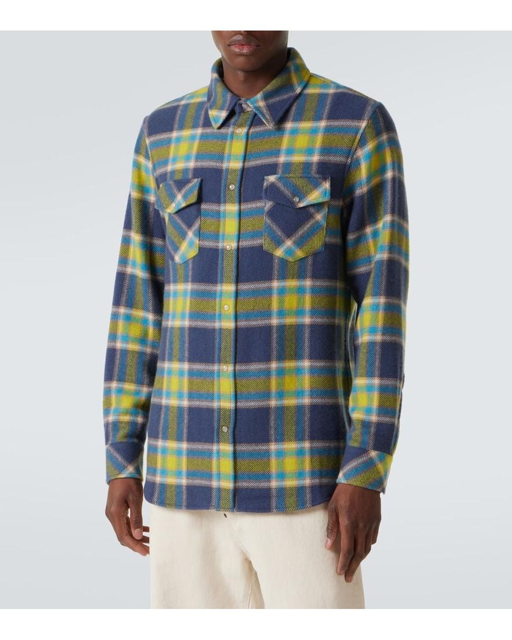 God's True Cashmere Blue Explorer Plaid Cashmere Shirt With Quartz for men