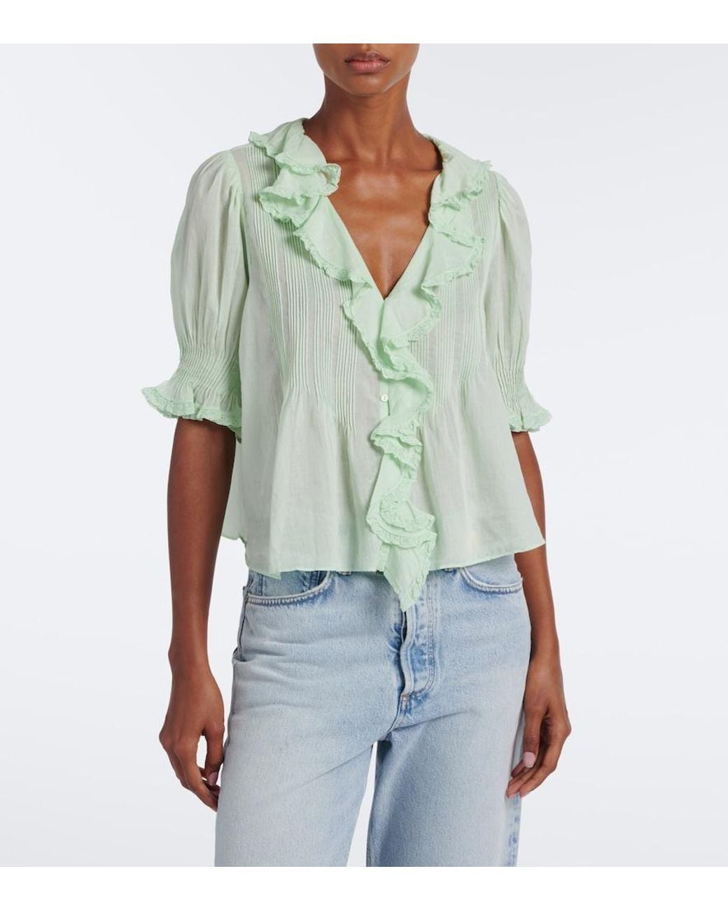 Doen Green Henri Ruffled Cotton Top