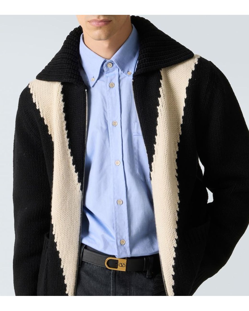 Valentino Black Intarsia Virgin Wool Zip-Up Cardigan for men