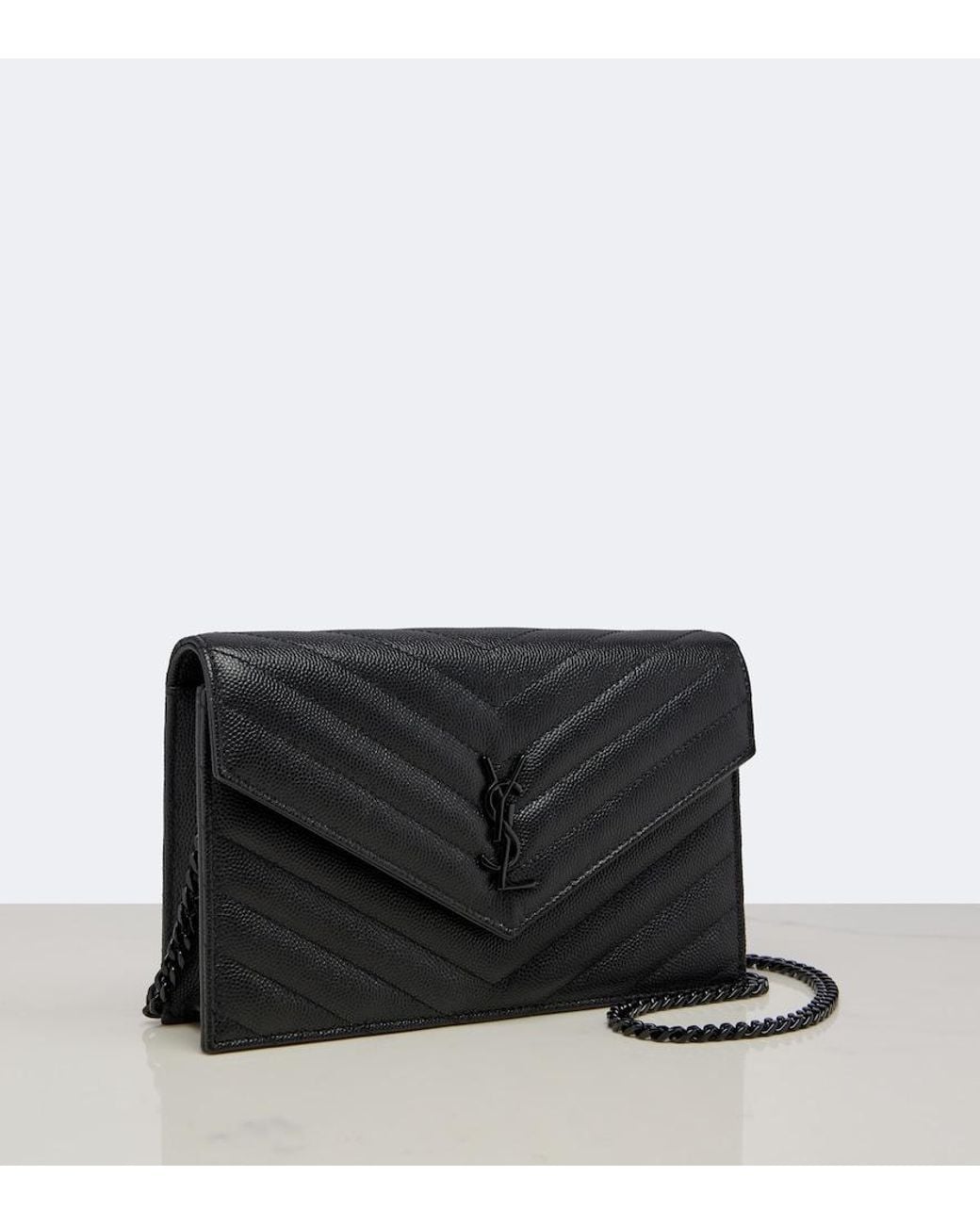 Saint Laurent Black Cassandre Envelope Leather Wallet On Chain