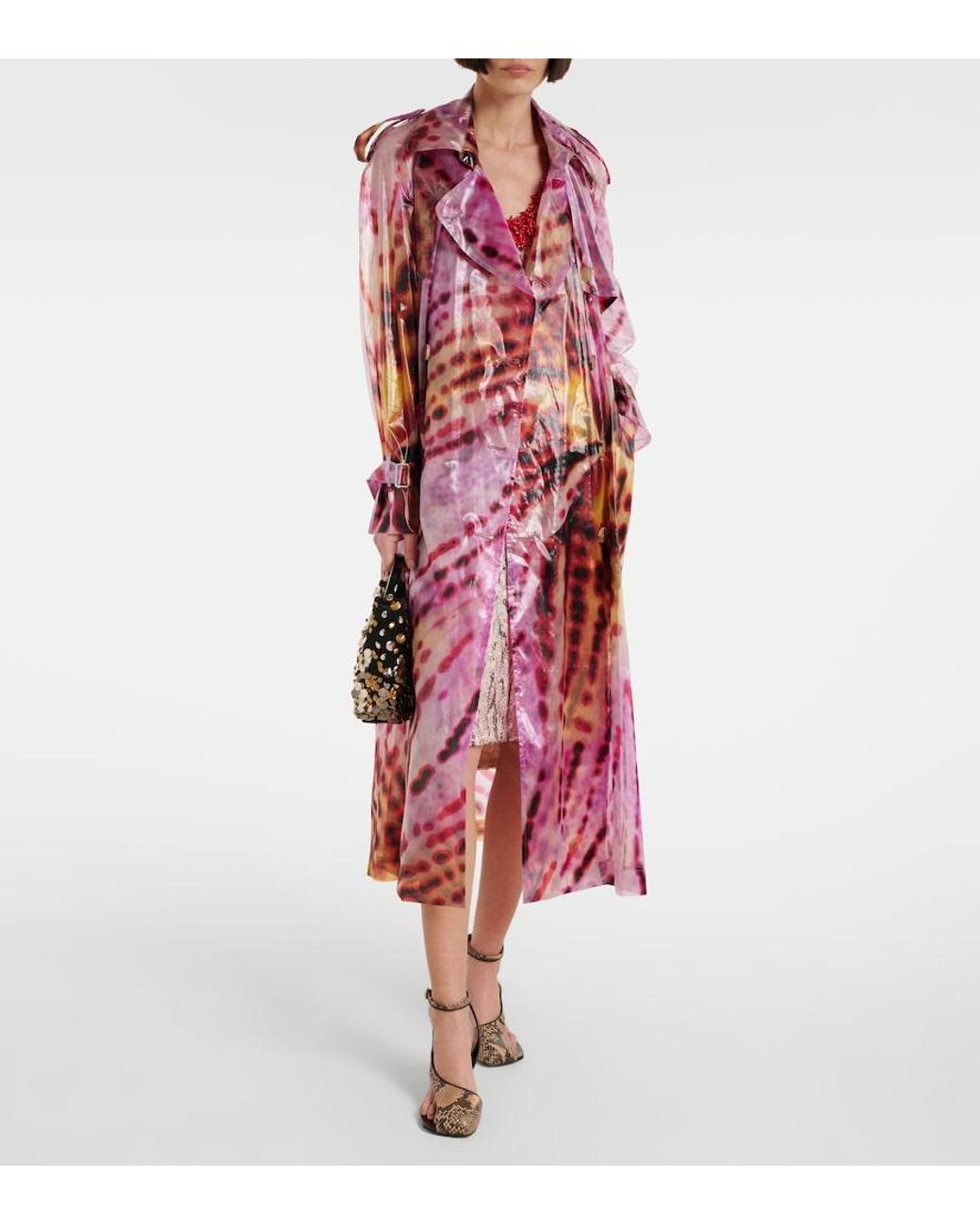 Dries Van Noten Pink Printed Double-Breasted Trench Coat