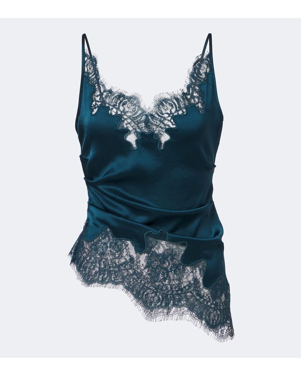 JACQUES WEI Blue Ruched Lace-Trimmed Satin Camisole
