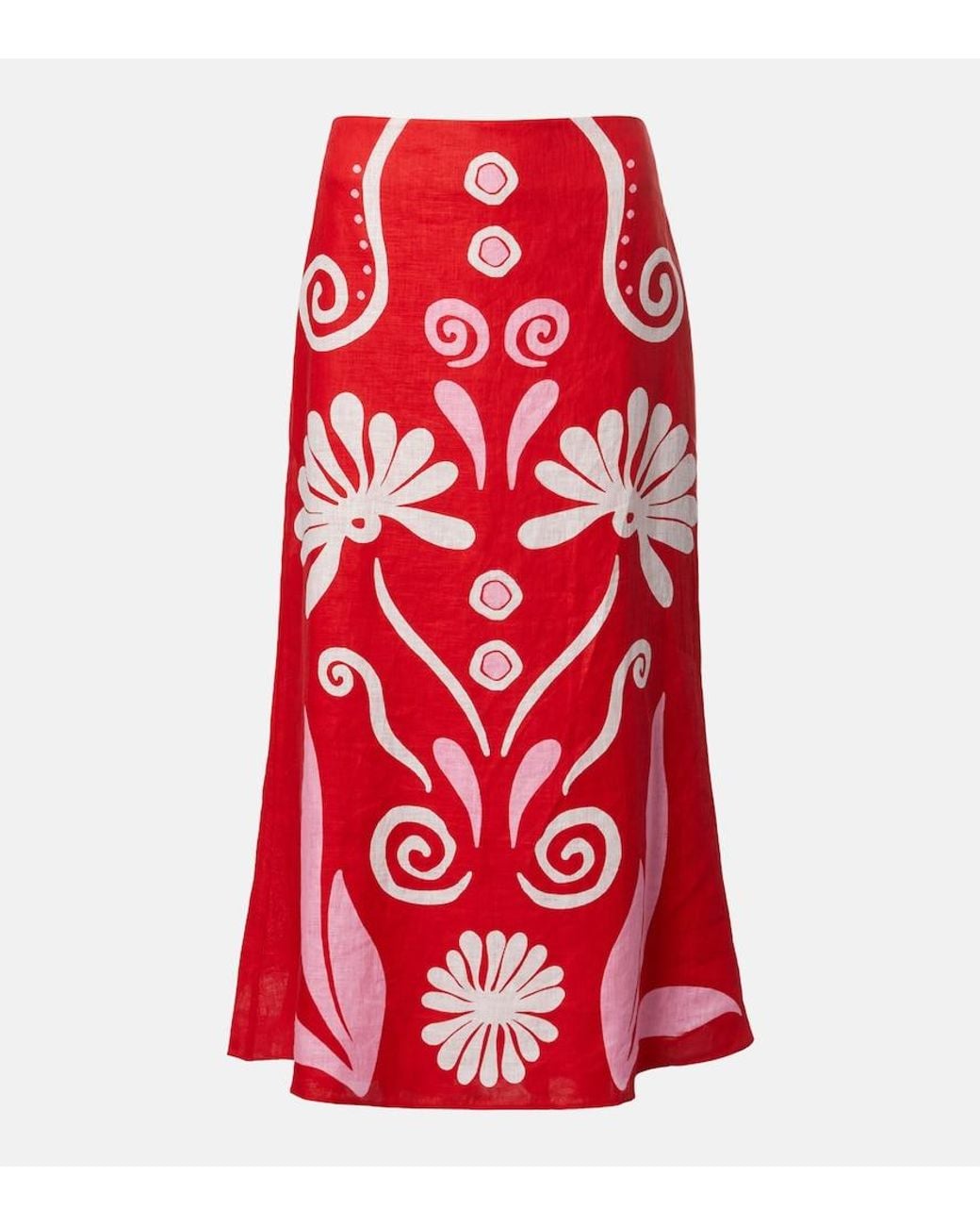 Cala De La Cruz Red Fabiana Printed Linen Midi Skirt