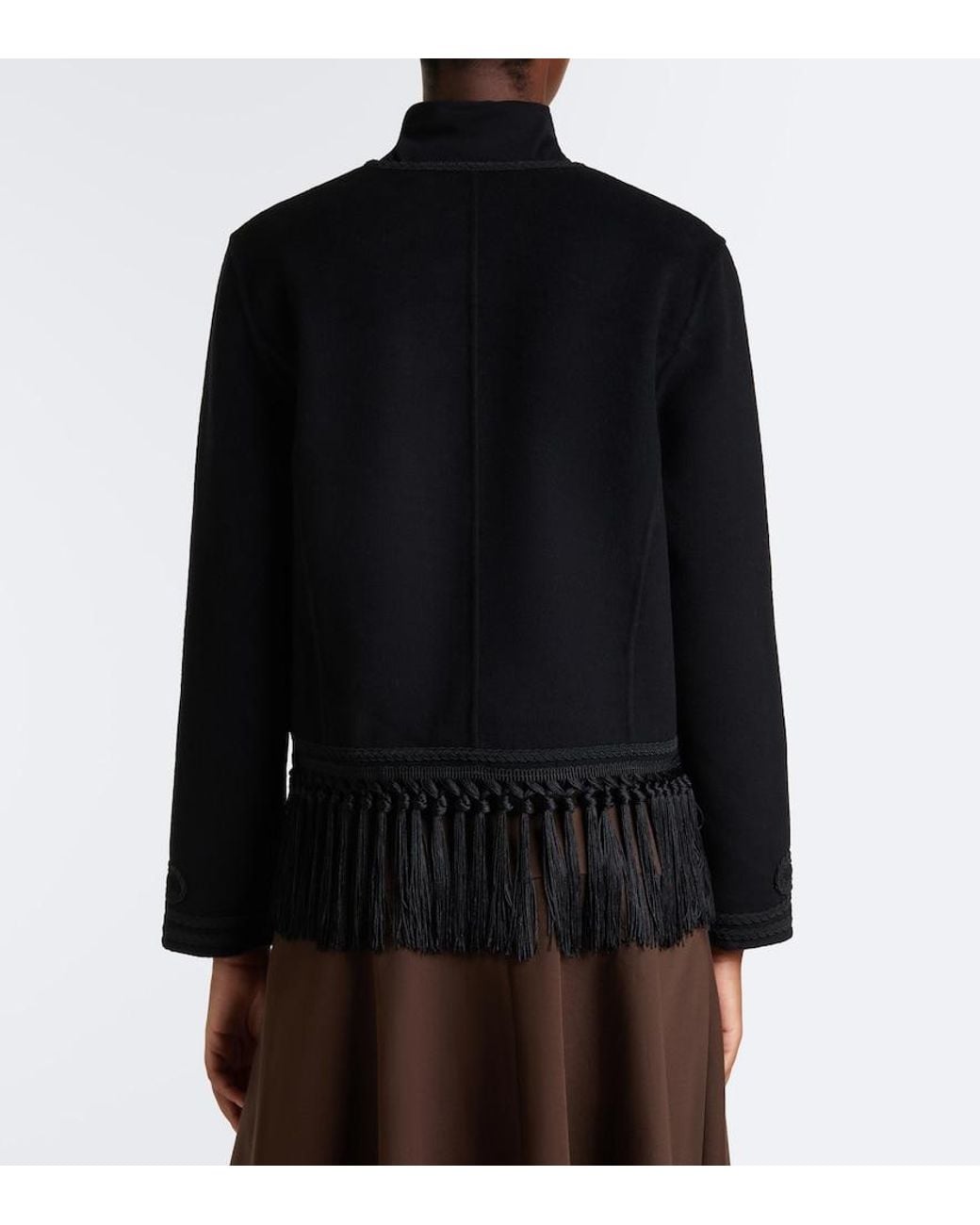 Rixo Black Inga Fringed Wool-Blend Jacket