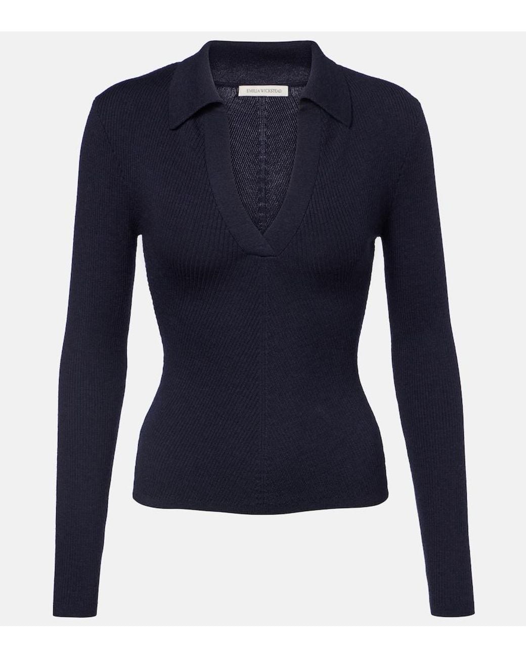 Emilia Wickstead Blue Austin Ribbed-Knit Wool Polo Sweater