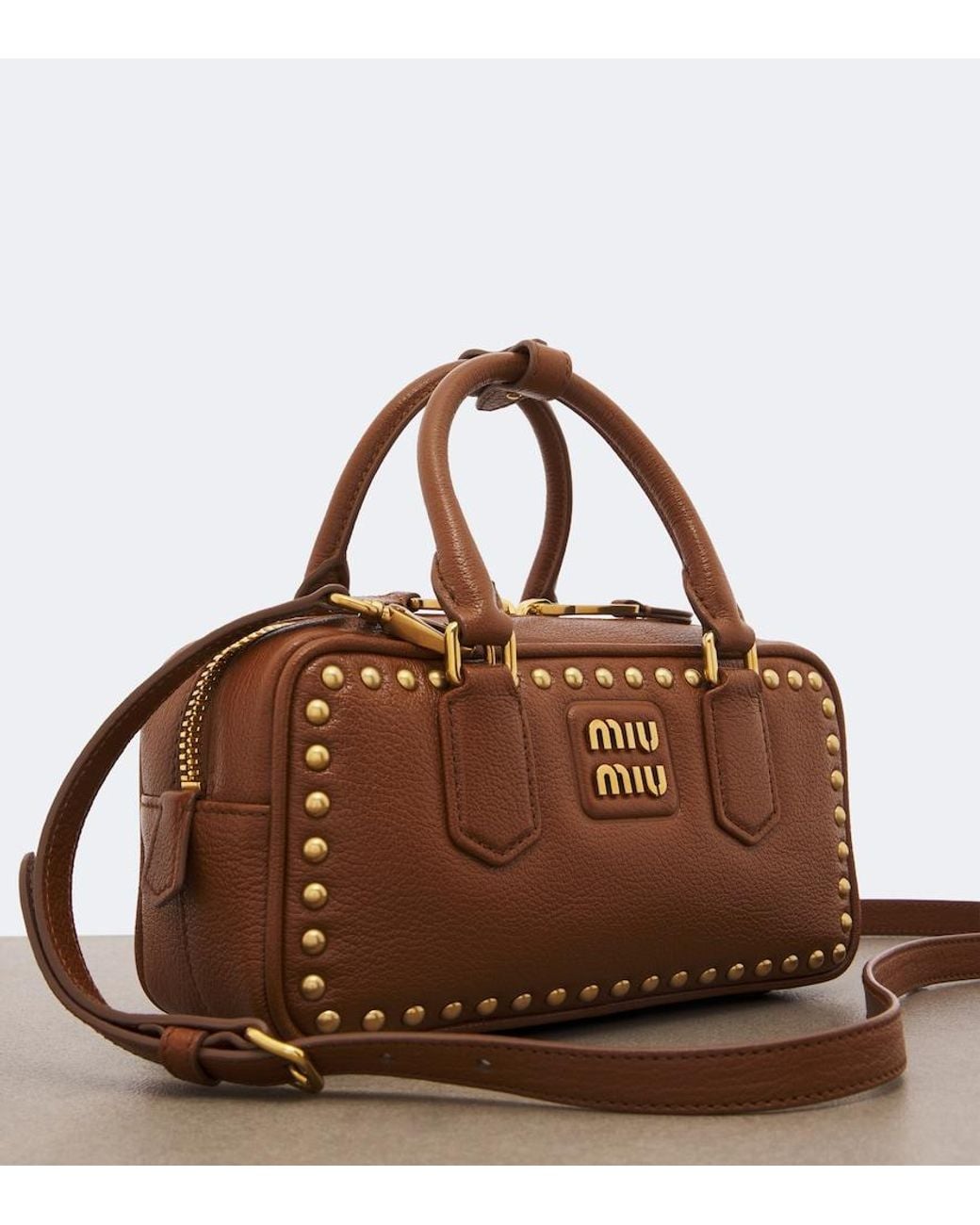 Miu Miu Brown Arcadie Studded Leather Top-Handle Bag