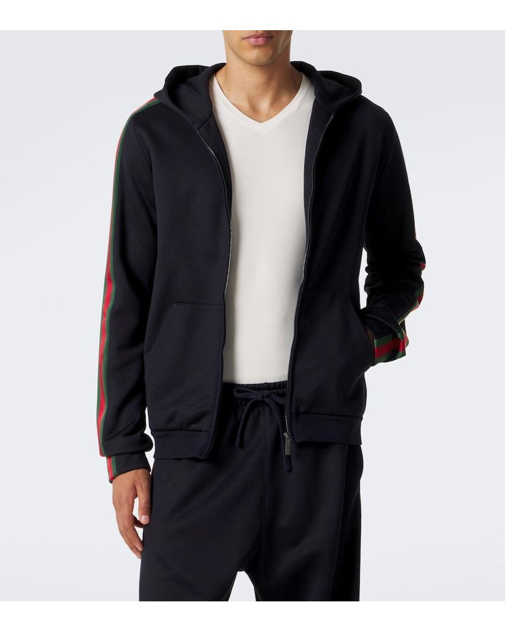 Gucci Blue Web Stripe Silk And Cotton Jersey Hoodie for men
