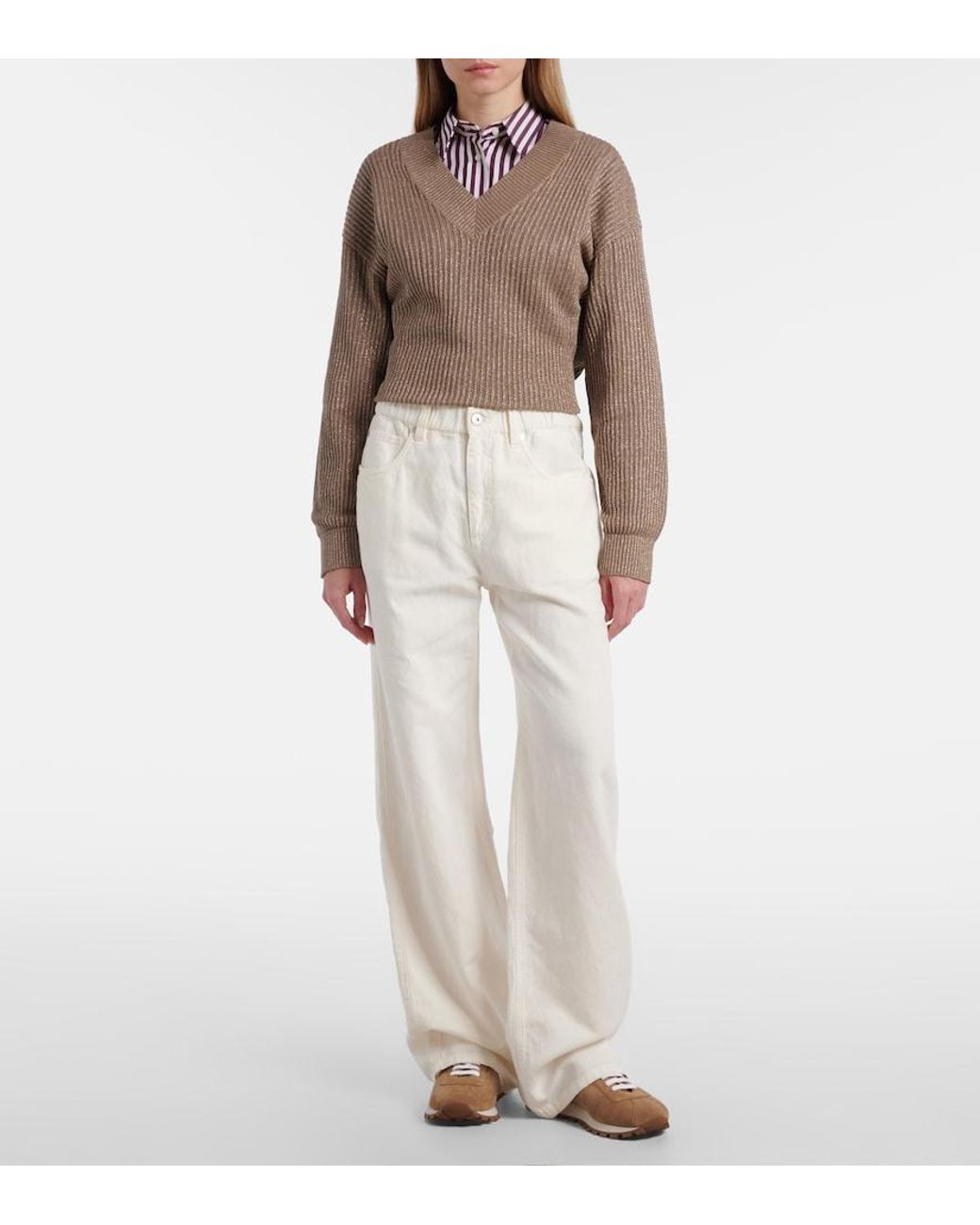 Brunello Cucinelli White Cotton And Linen Wide-Leg Pants