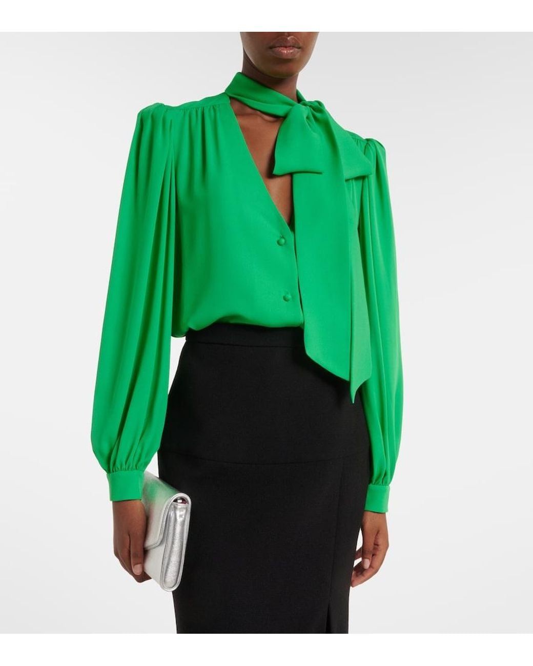 Valentino Garavani Green Tie-Neck Silk Georgette Blouse
