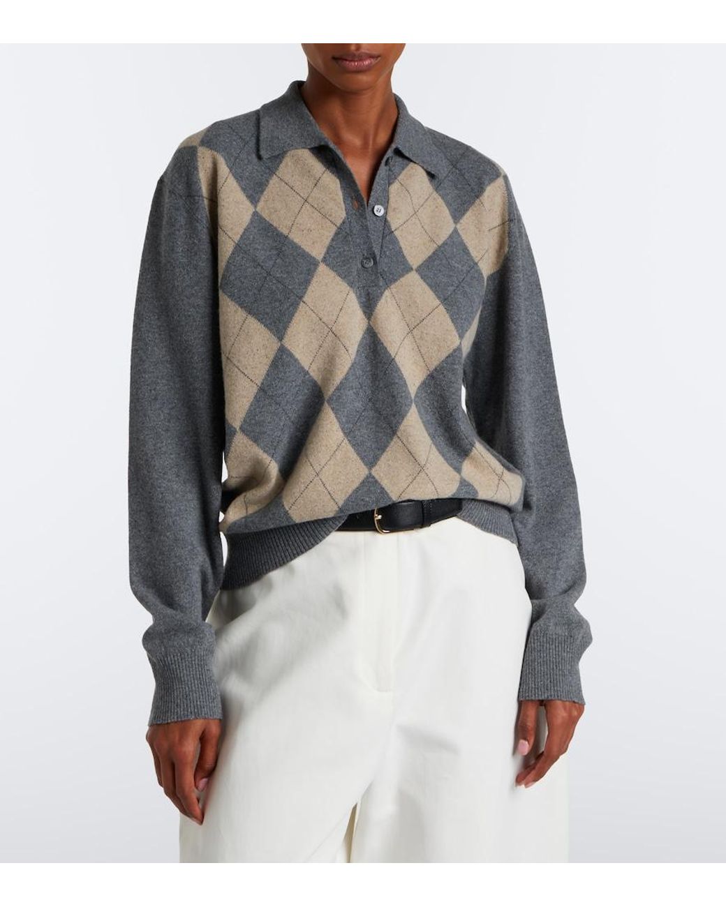 Rohe Gray Argyle Wool-Blend Polo Sweater