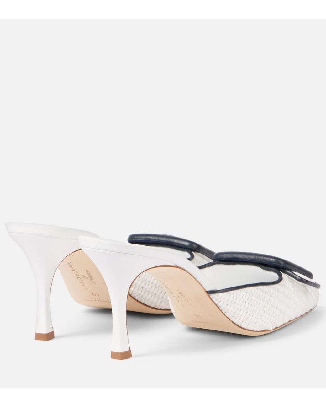 Manolo Blahnik White Maysale 70 Leather-Trimmed Raffia Mules