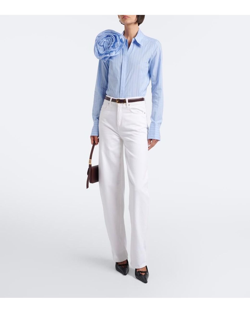 Dorothee Schumacher Blue Striped Power Floral-Applique Cotton-Blend Shirt