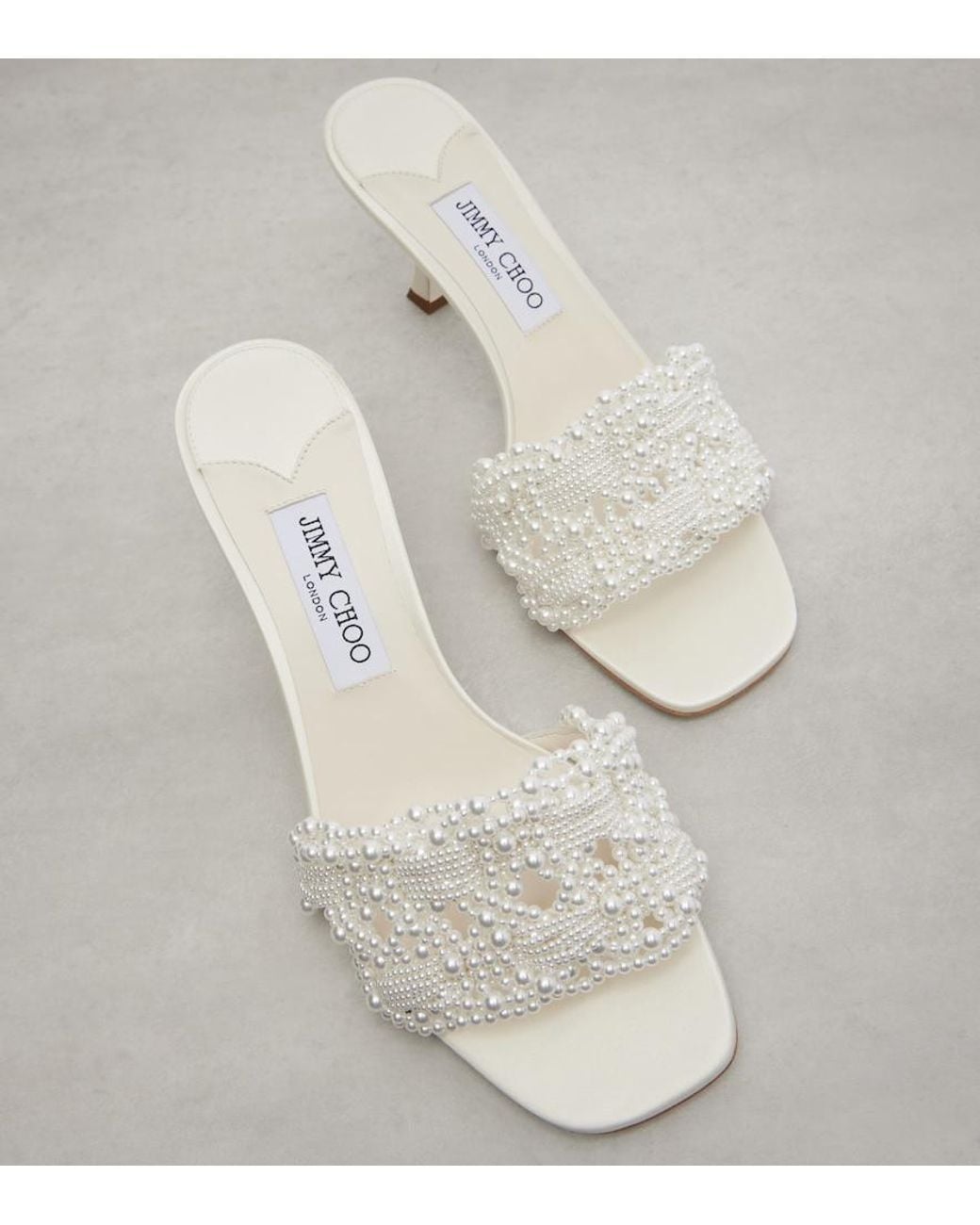Jimmy Choo White Cary 70 Faux Pearl-Embellished Satin Mules