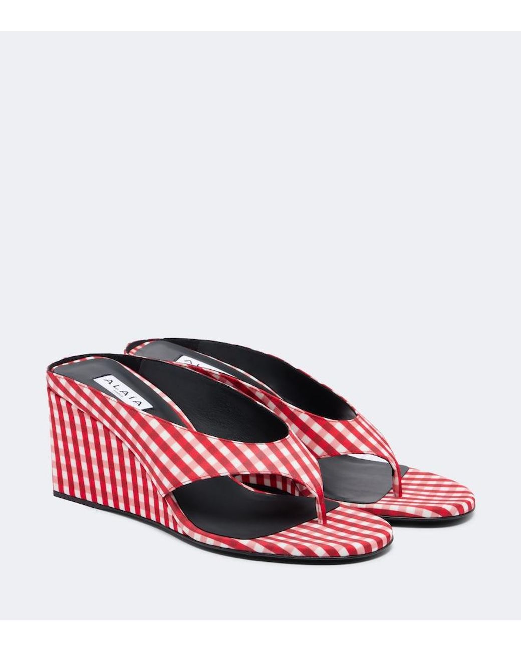 Alaïa Red Cube Gingham Wedge Thong Sandals