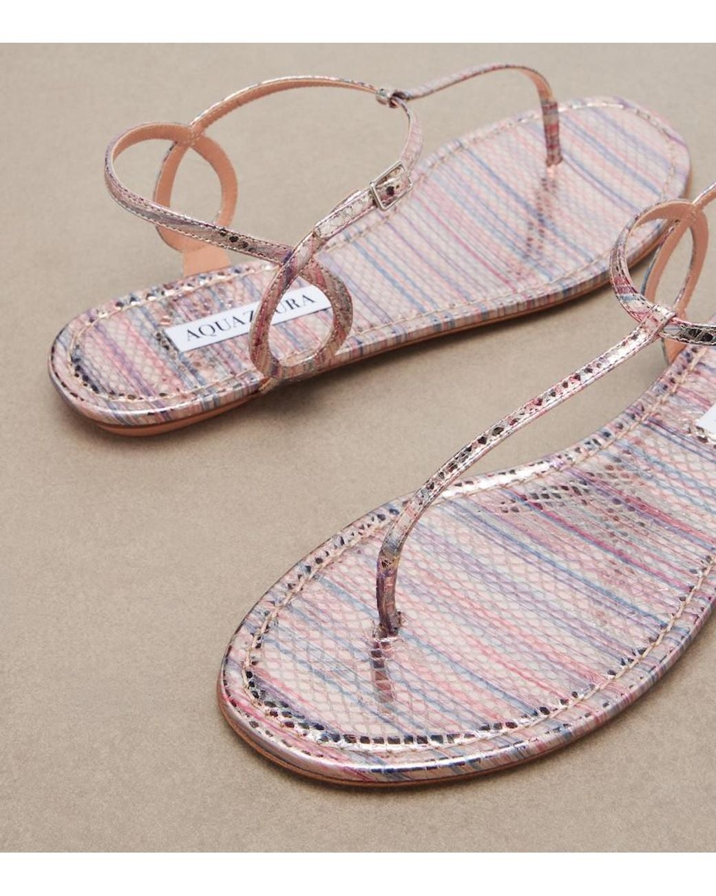 Aquazzura Pink Almost Bare Striped Leather Thong Sandals