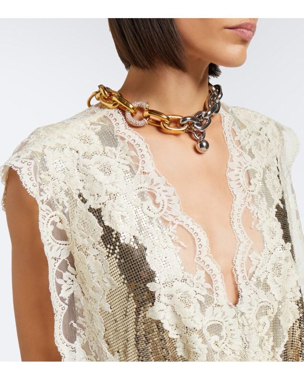 Rabanne White Lace-Trimmed Chainmail Top