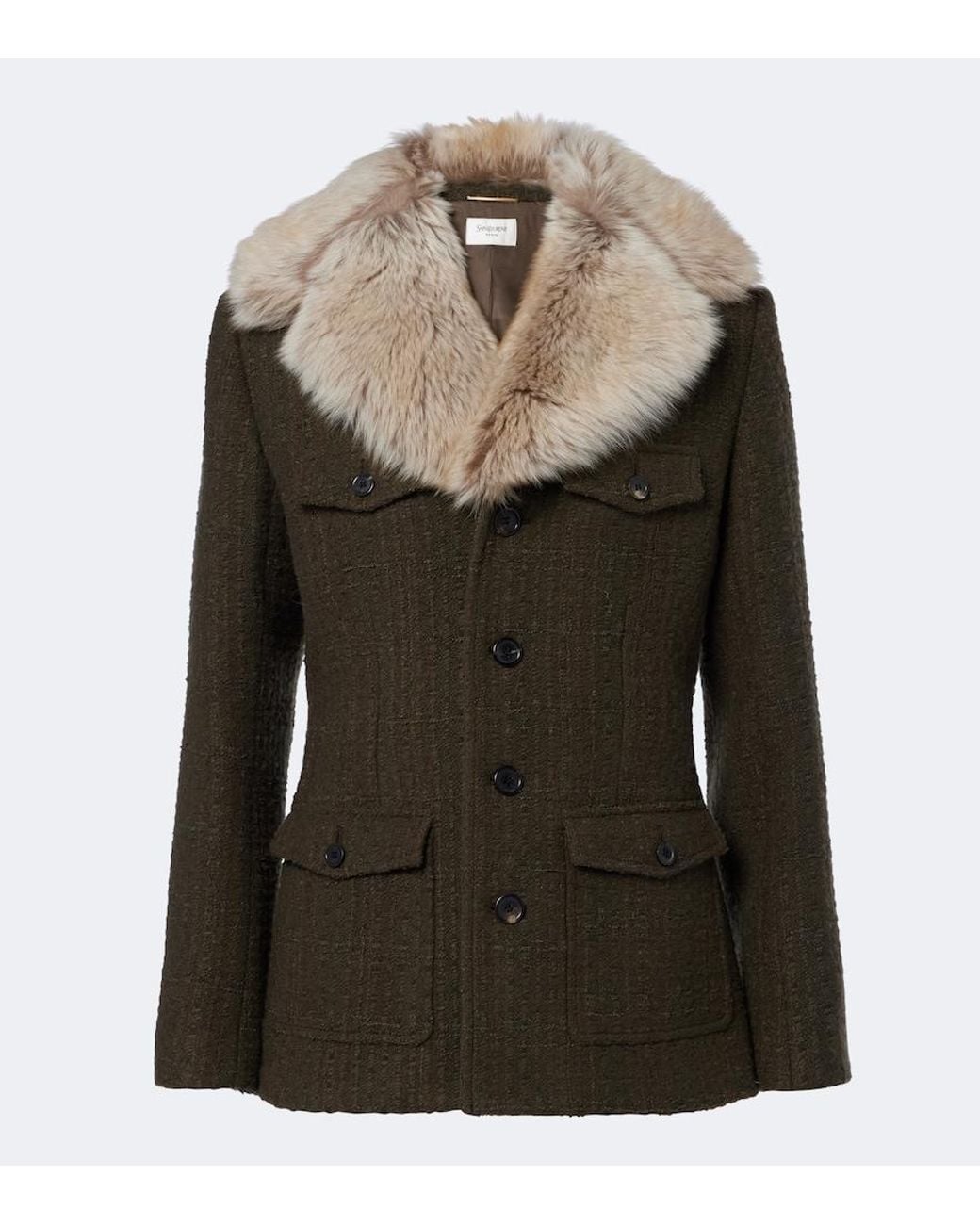 Saint Laurent Green Shearling-Trimmed Wool-Blend Tweed Jacket