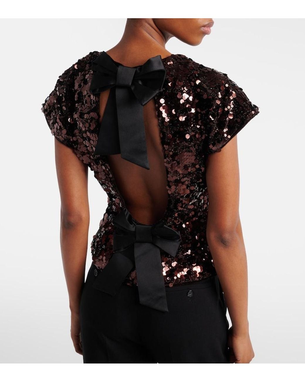 Ganni Black Bow-Detail Sequined Open-Back Top