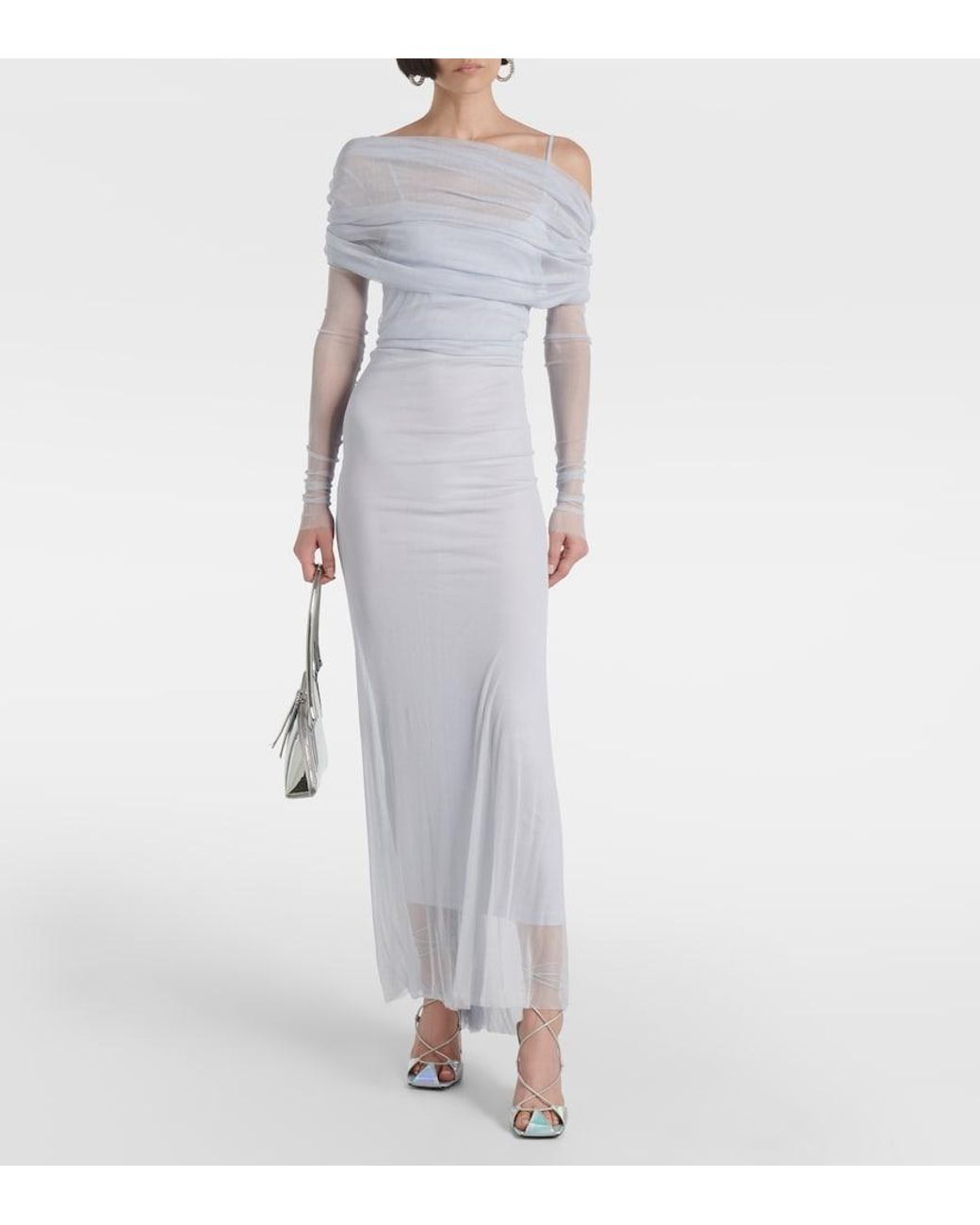 Christopher Esber White Veiled Off-Shoulder Tulle Maxi Dress