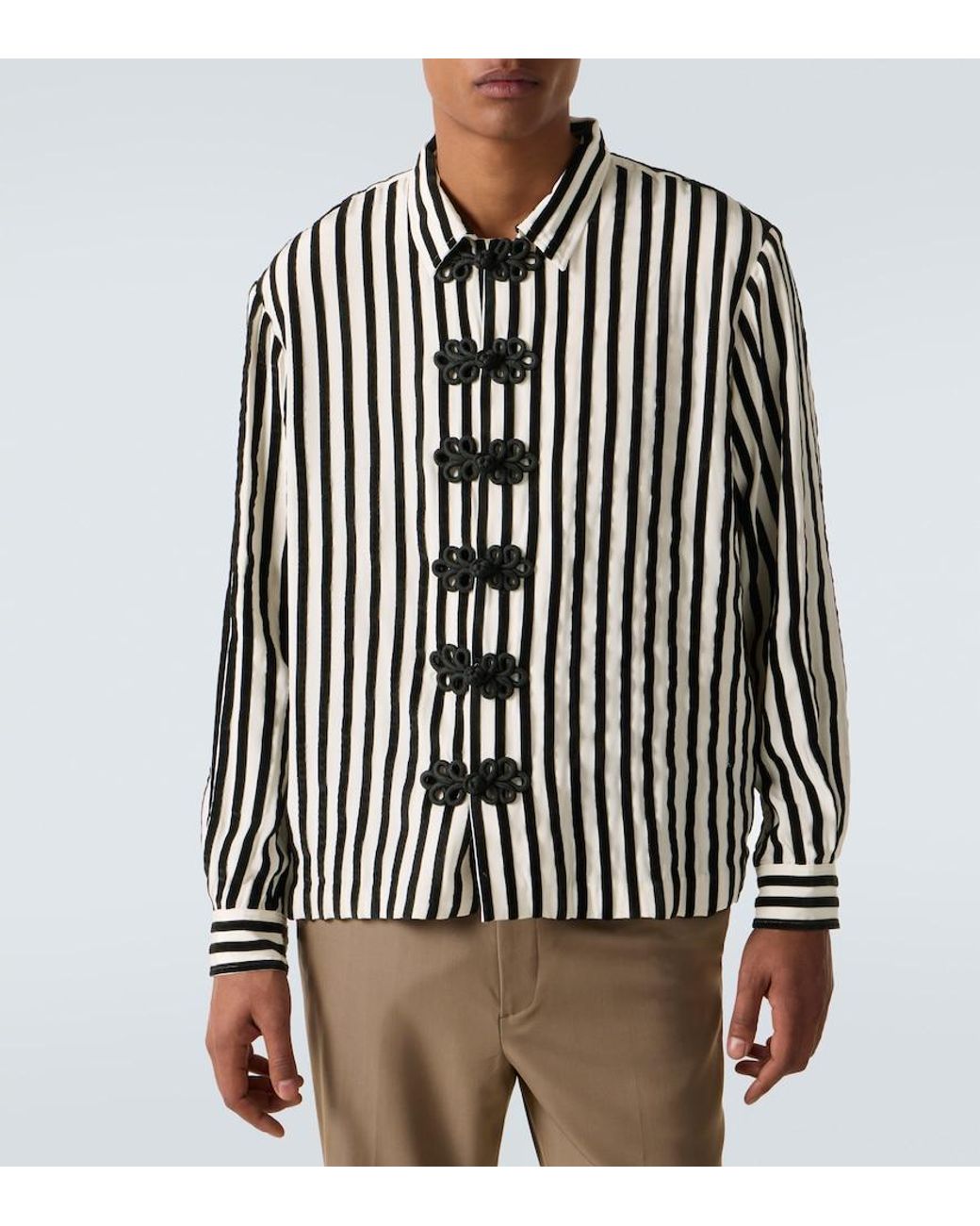 Bode Black Striped Velvet-Trimmed Silk Shirt for men