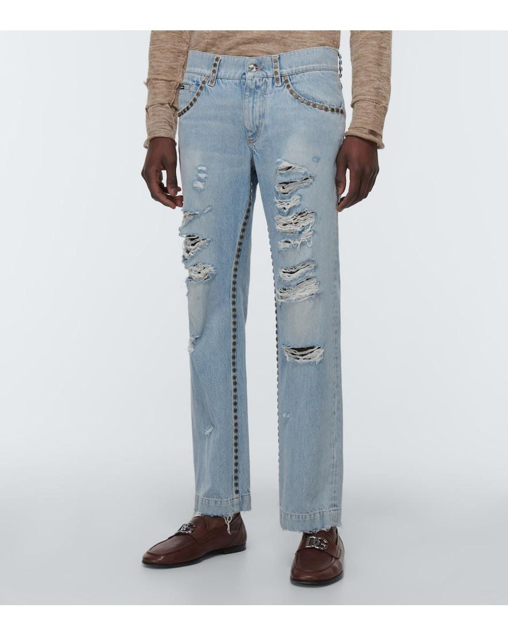 Dolce & Gabbana Blue Distressed Mid-Rise Straight Jeans for men