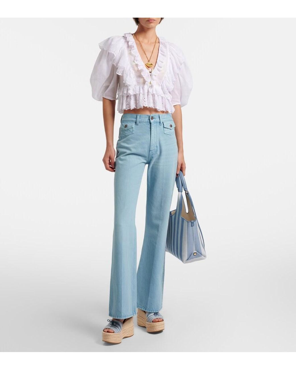 Chloé Blue Stripy Large Logo Canvas Tote Bag