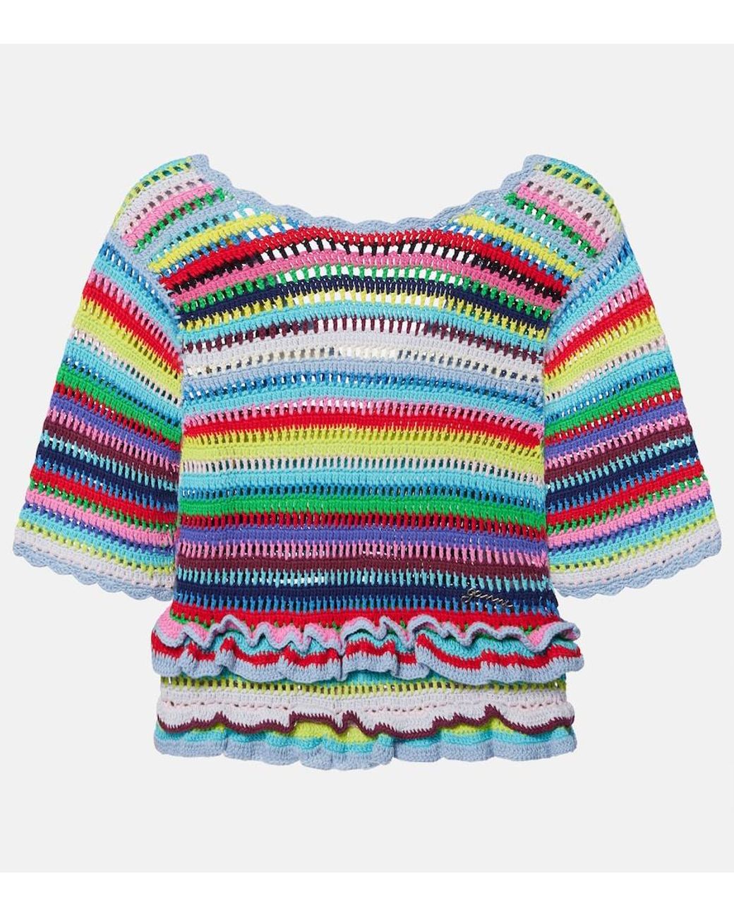 Top De Croche De Algodon A Rayas Ganni de color Blue