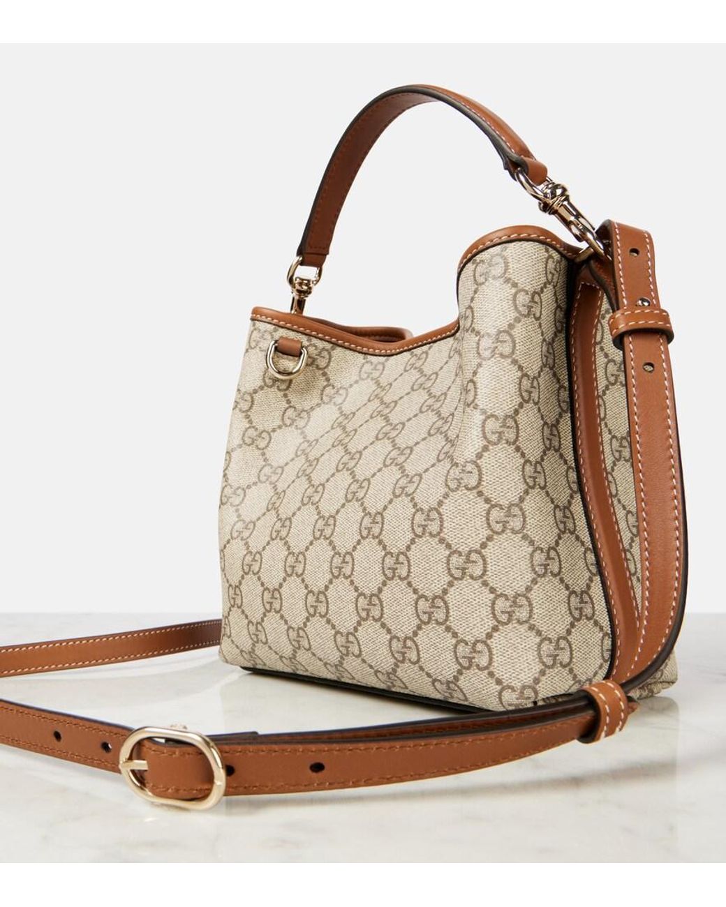 Gucci Brown Gg Emblem Small Canvas Bucket Bag