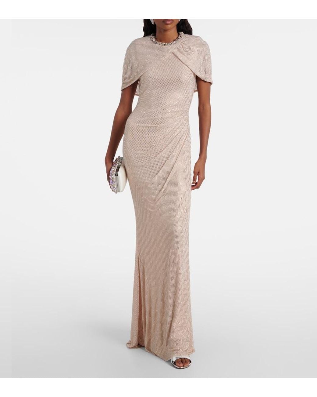 Self-Portrait Natural Embellished Caped Maxi Dress