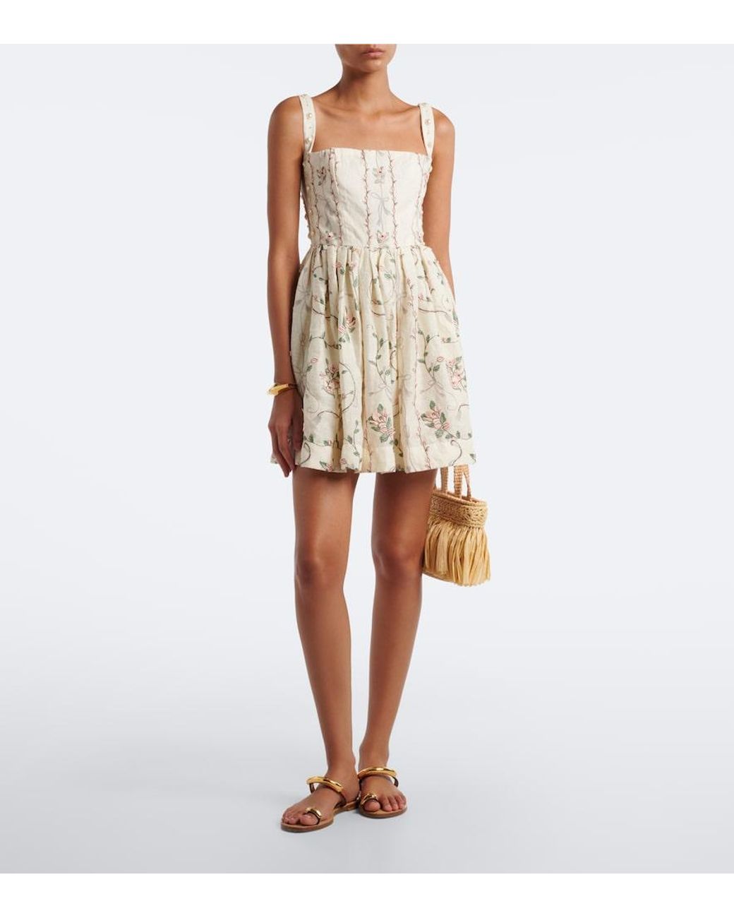 Agua Bendita Natural Mielero Embroidered Floral Linen Minidress
