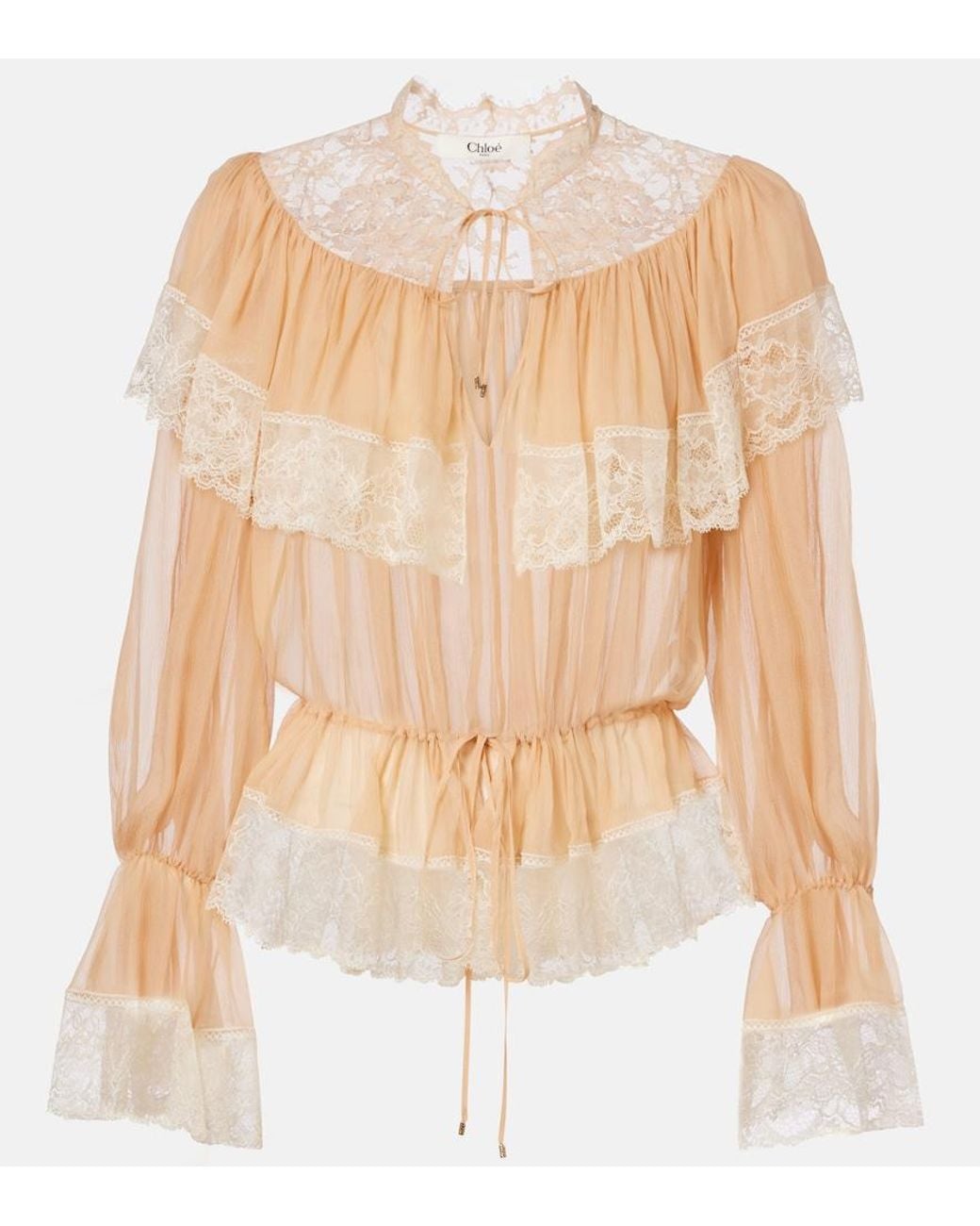 Chloé White Lace-Trimmed Silk Blouse