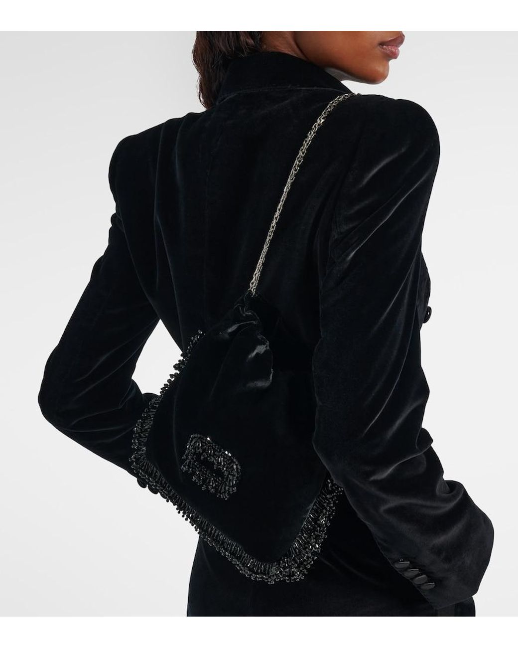 Roger Vivier Black Pilgrim Mini Beaded Velvet Bucket Bag