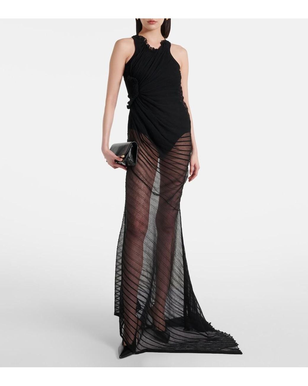Victoria Beckham Black Gathered Sheer Tulle Maxi Dress