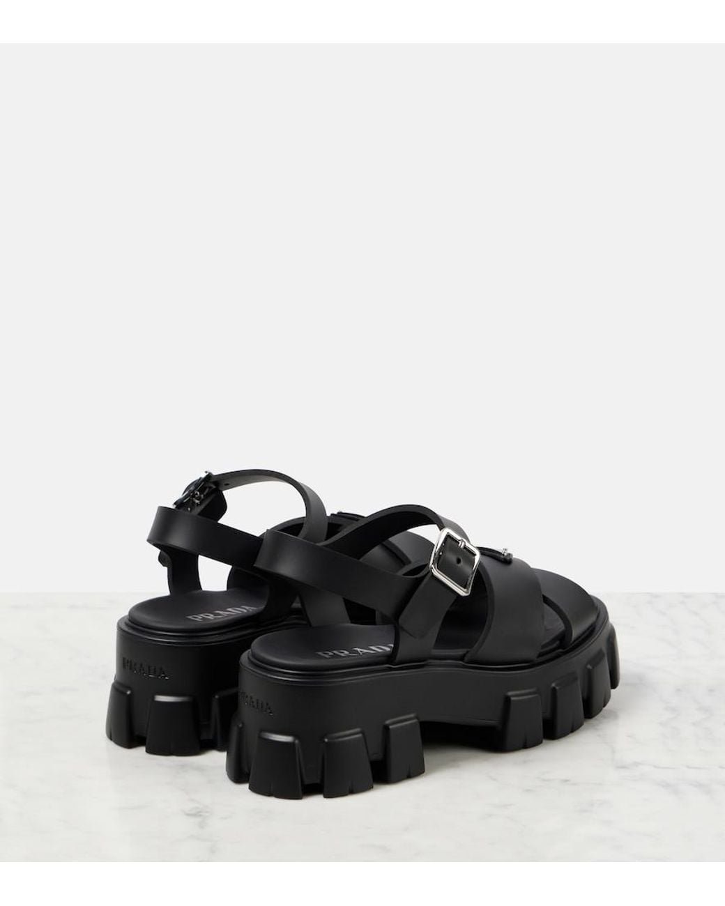 Prada Black Monolith Logo-Plaque Rubber Heeled Sandals