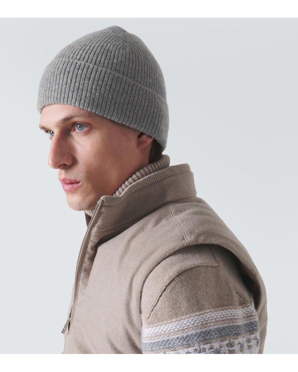Zegna Gray Ribbed-Knit Cashmere Beanie for men
