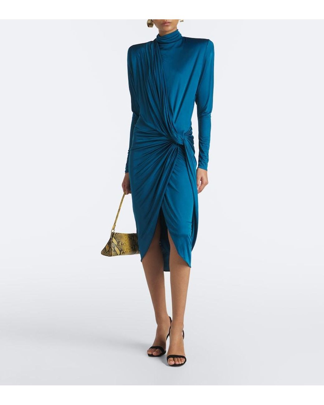 Balmain Blue Gathered Jersey Midi Dress