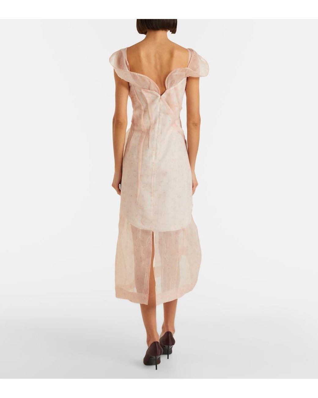Victoria Beckham Natural Asymmetric Ruched Organza Midi Dress