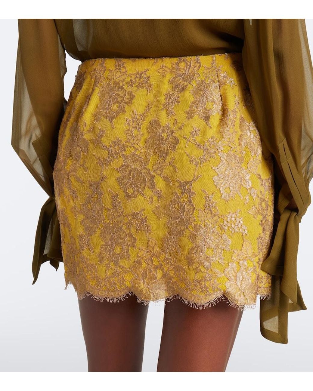Saint Laurent Yellow Scalloped Floral Lace Miniskirt
