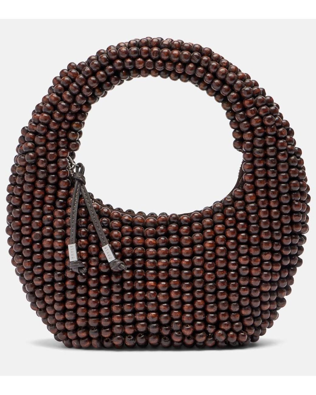 Staud Brown Reef Small Beaded Leather-Trimmed Top-Handle Bag