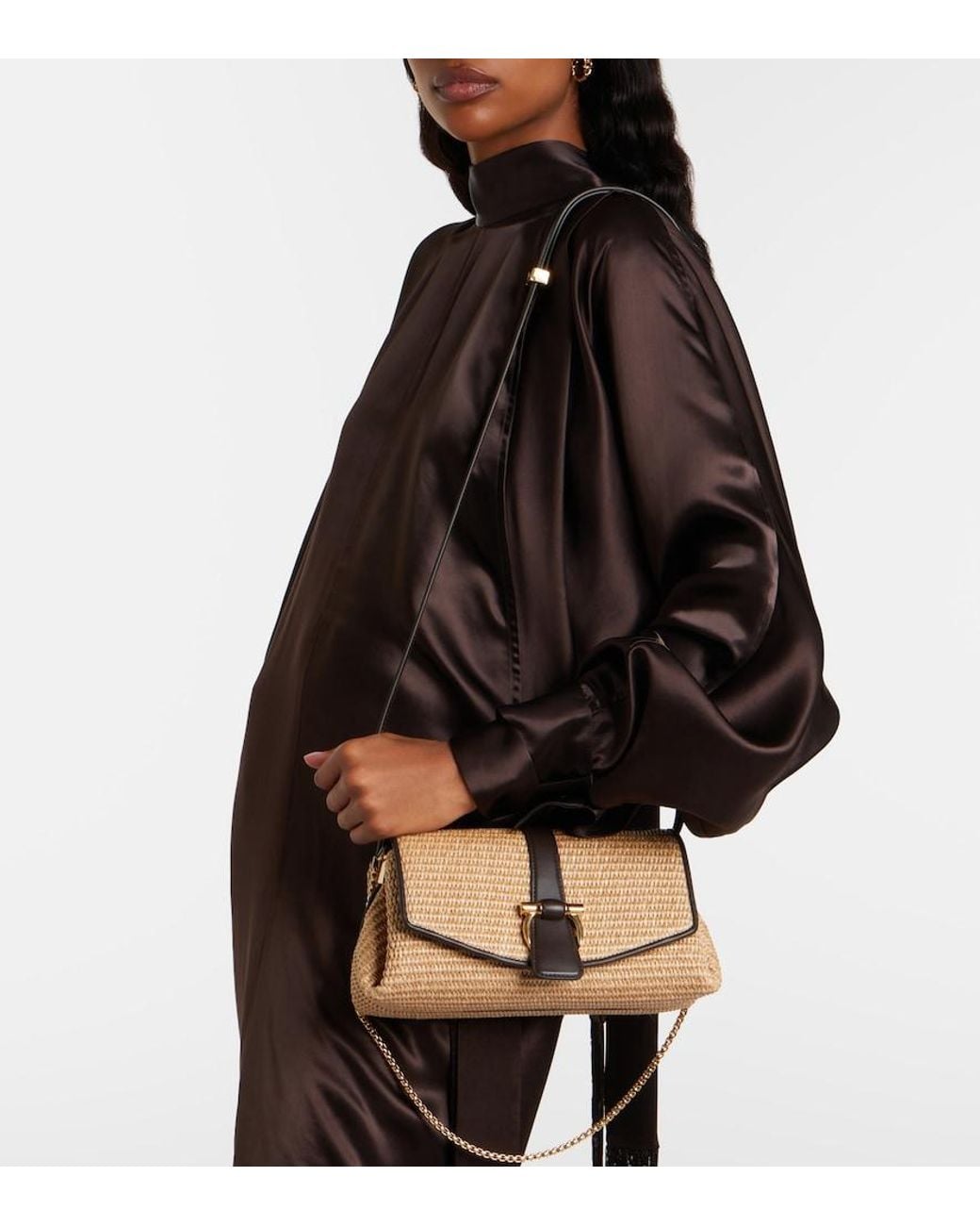 Ferragamo Natural Mia Small Raffia Shoulder Bag