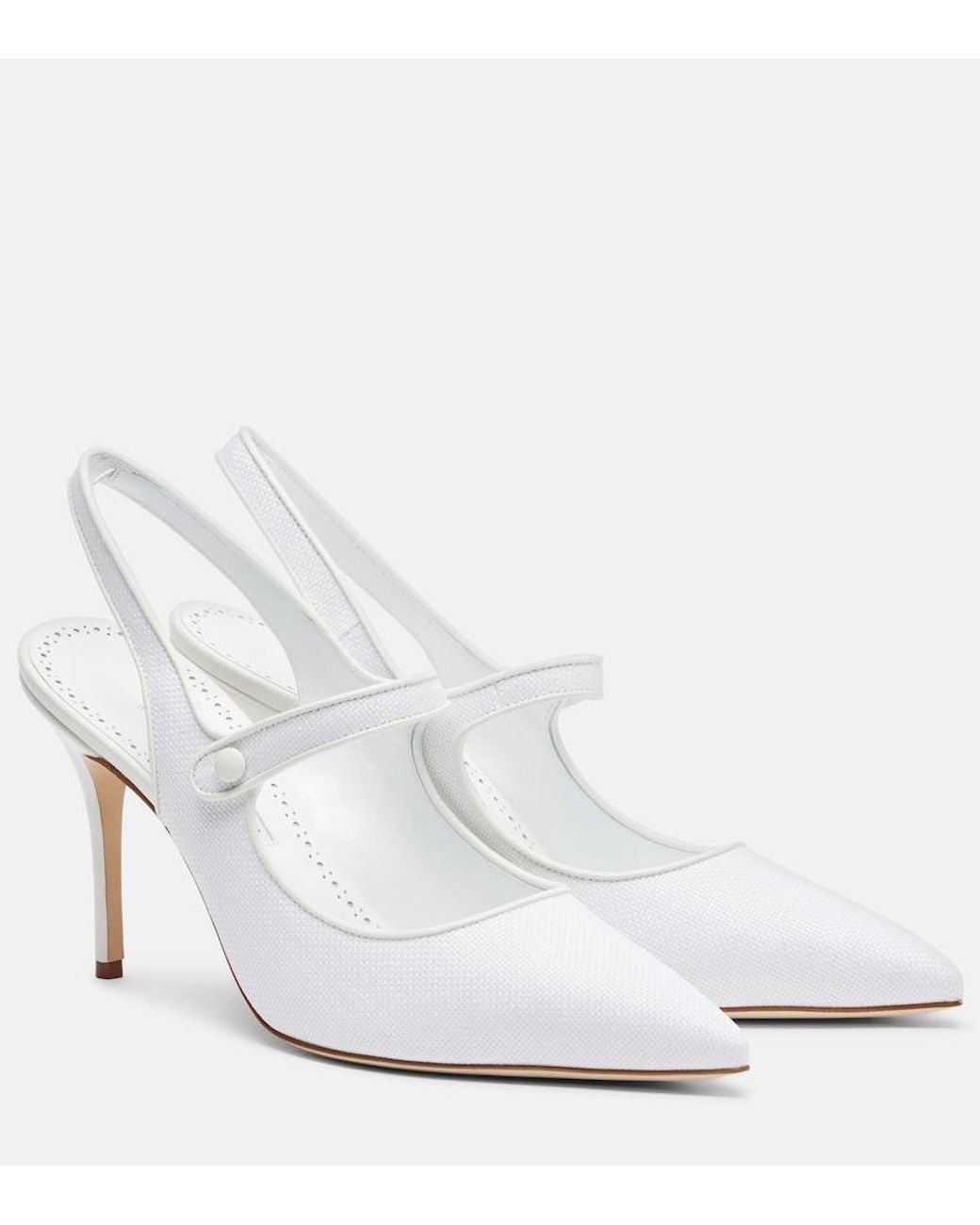 Manolo Blahnik White Camparisli 90 Raffia Slingback Pumps