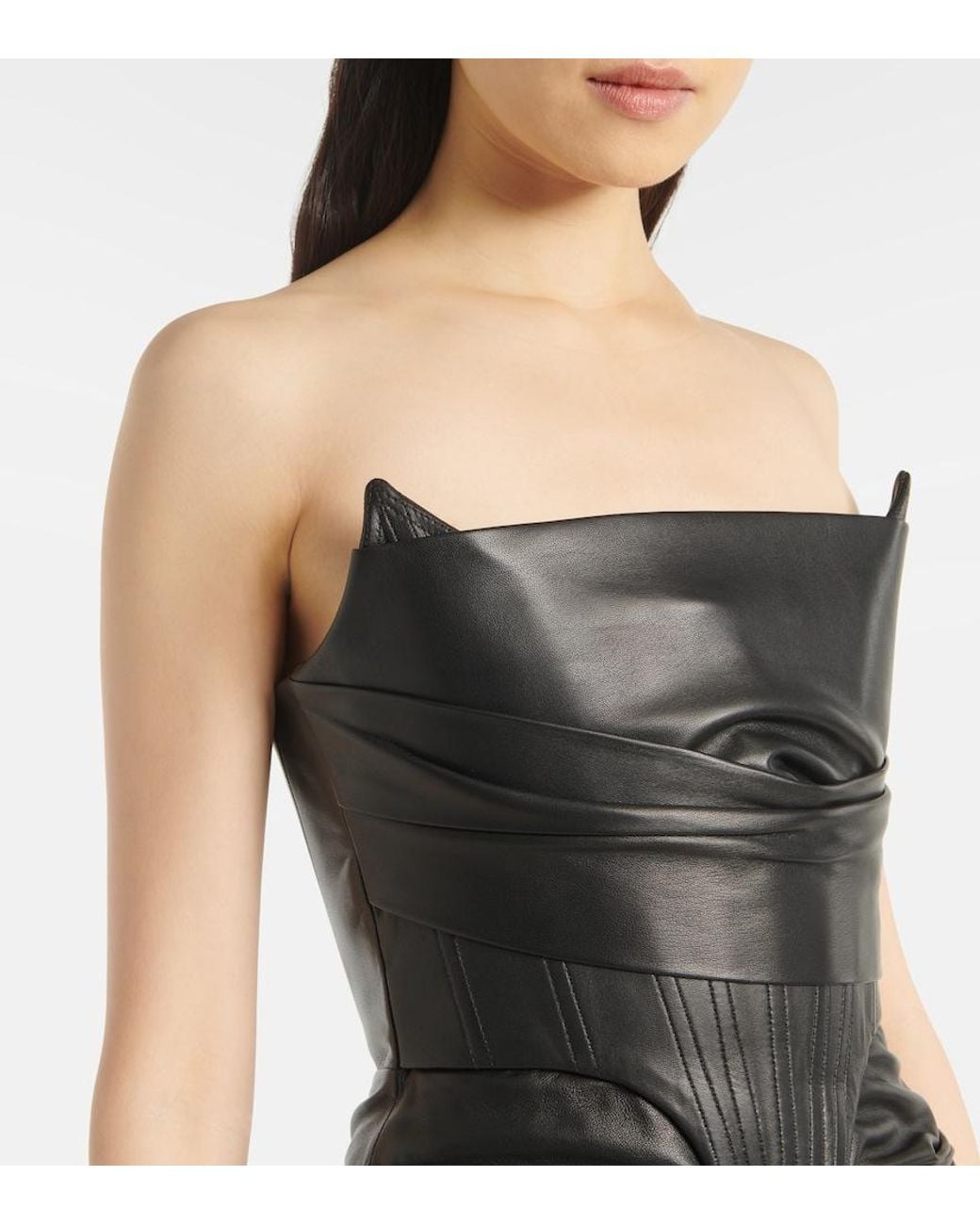 Alex Perry Black Ruched Leather Midi Dress