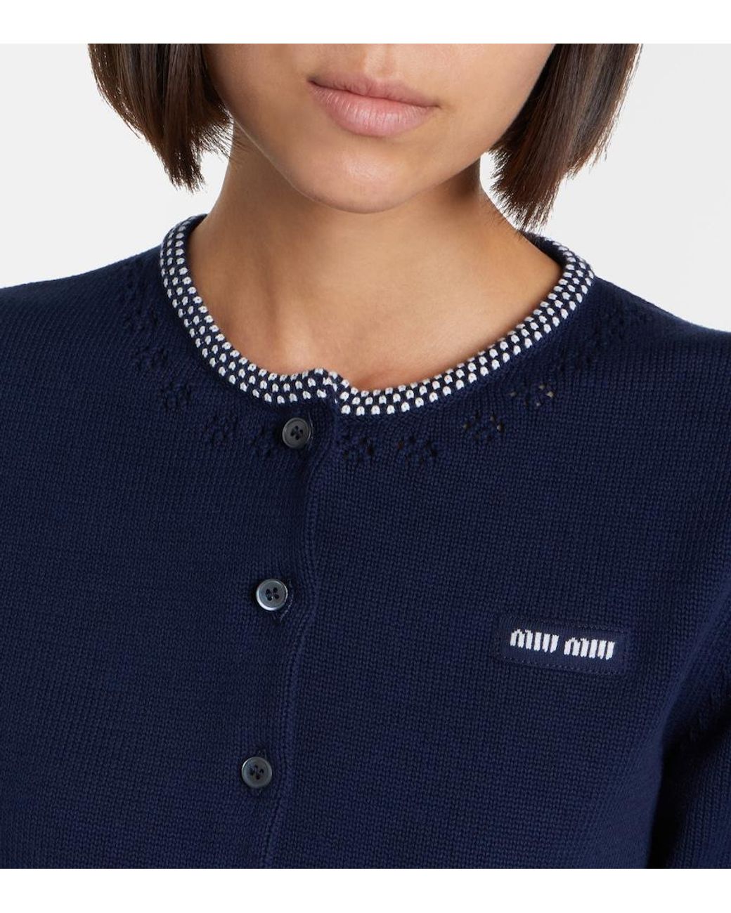 Miu Miu Blue Logo Cropped Cotton Cardigan