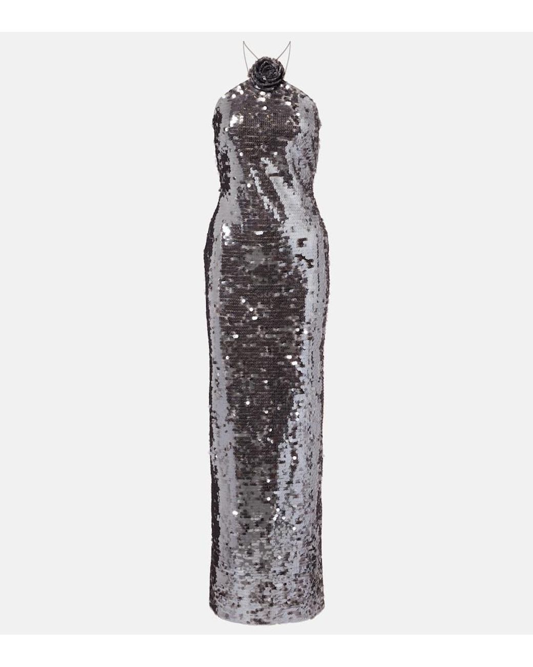 Magda Butrym White Floral-Applique Sequined Gown