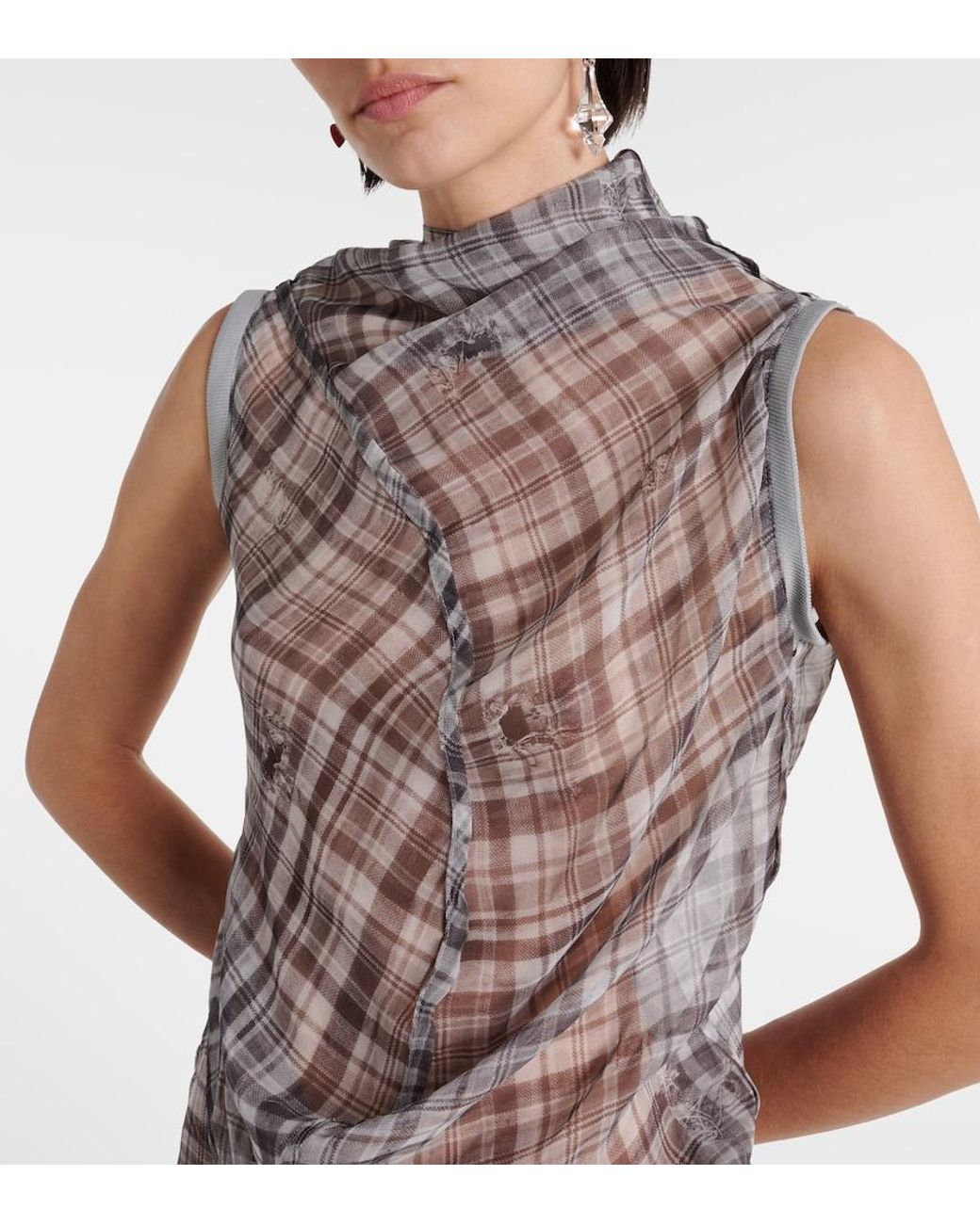 Acne Gray Dsaam Checked Draped Silk Midi Dress