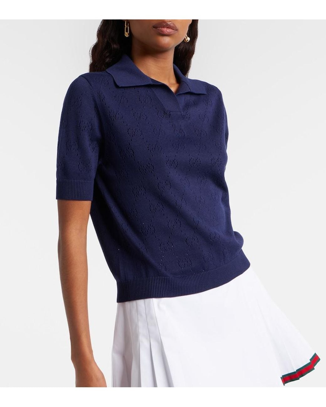 Gucci Blue Gg Pointelle Silk And Cotton Polo Shirt
