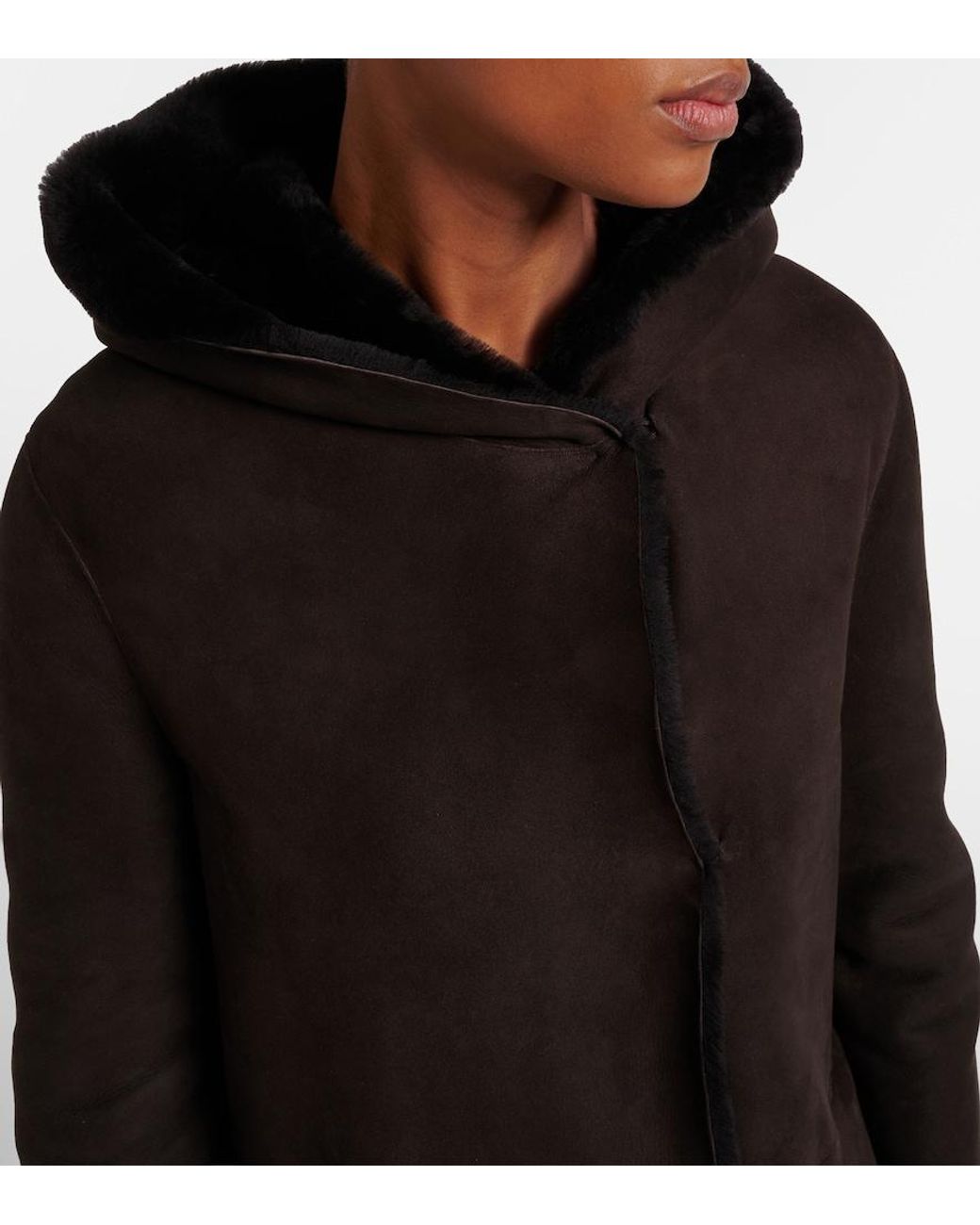 The Row Black Anaya Hooded Shearling-Trimmed Suede Coat